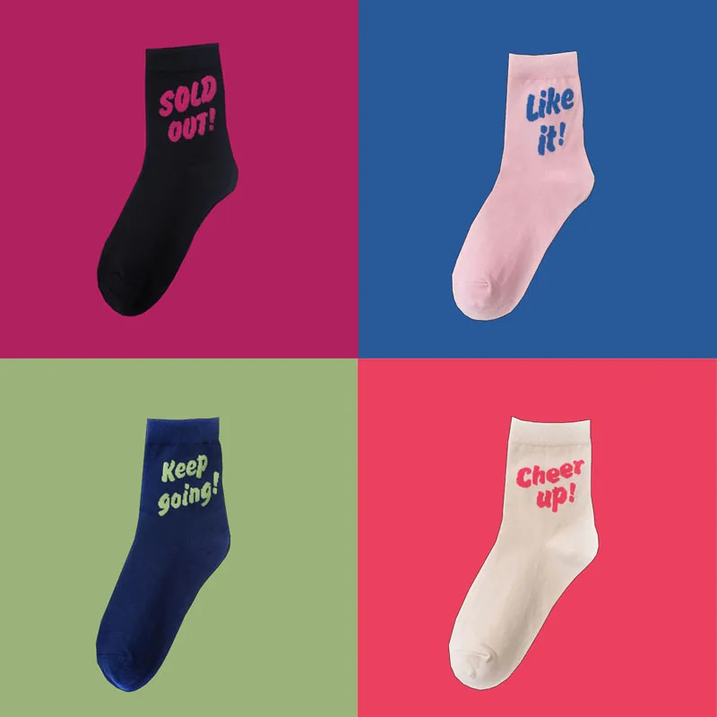 Socks Women Fashion Kawai Hip Hop Letter Harajuku Street Black White Hipster Skateboard Cotton Socks Socken Mujer Femme Meias