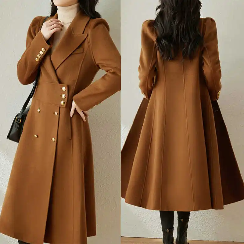 

Fashion Women Long Coat Peaked Lapel Wool Blend Jacket Overcoat Autumn Winter One Piece Customized Outwear
