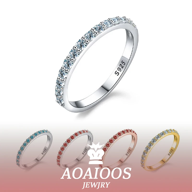 

AOAIOOS 1.9mm 100% Full Moissanite Rings for Women Half Eternity Band Match Diamond Red Stone Sterling Silver 925 Fine Jewelry