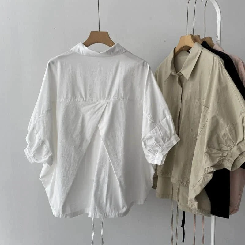 Cotton Shirts for Women Vintage Short Sleeve Polo-neck Casual Summer Single Breasted Korean Style One-piece Blouse Women Tops