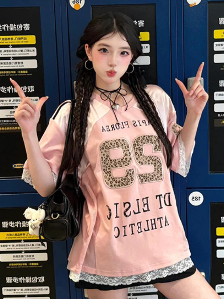 ADAgirl Pink Letter Graphic T-shirts Women Y2k Top with Lace Patchwork Sports Oversize Streetwear Summer Korean Fashion Clothing