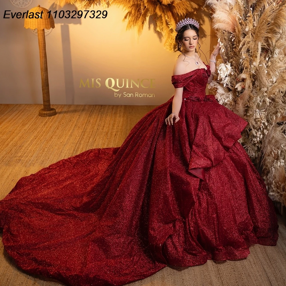 

EVLAST Customized Burgundy Quinceanera Dress Ball Gown Shiny Applique Beading Tiered Corset Sweet 16 Vestido De 15 Anos QD1195