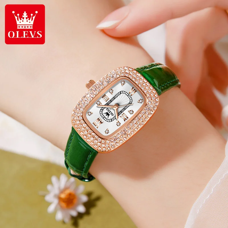 Imagem -02 - Olevs-womens Full Diamond Dial Quartz Ver Pulseira de Couro Verde Luxo Impermeável Moda Feminina Novo 9940