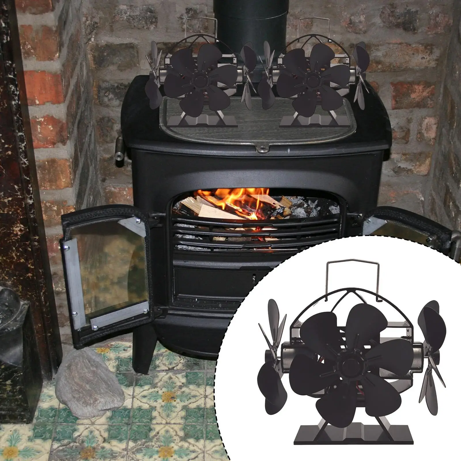 Fireplace Fan Heat Powered Wood Stove Fan 270 Degree with 3 Head 18 Blades for Efficient Heating in Indoor Fireplaces Log Burner