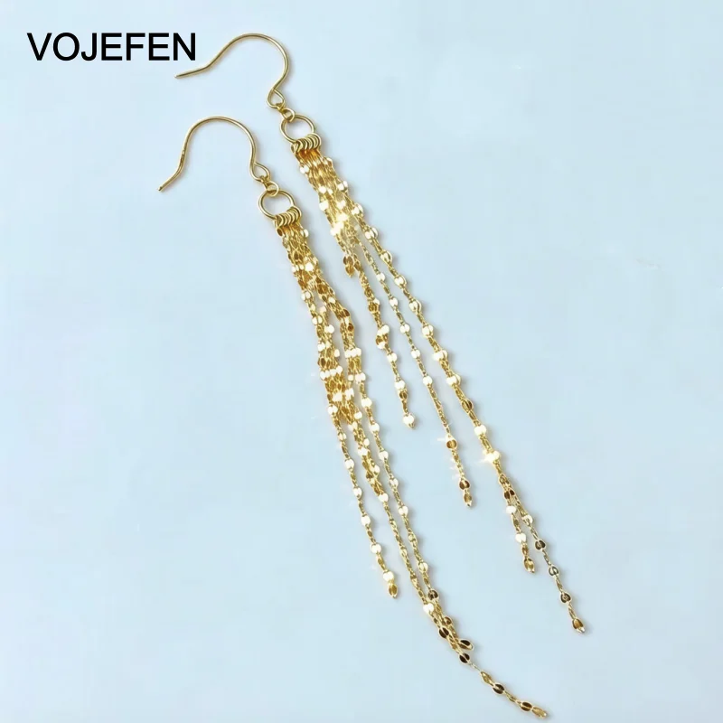 VOJEFEN 18K Real Gold Jewelry Long Tassel Earrings Fashion Beaded Drop Dangle Earrings Boho Statement Jewelry Women Accessories