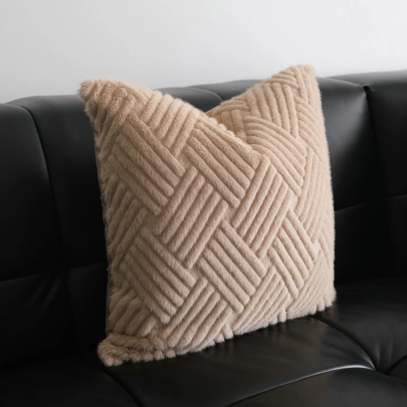 Khaki Plush Pillow Cover Decorative 50X50CM Imitation Mink Hair Stripe Block Pillow Cases Soft Fluffy Cushion Cover for Sofa