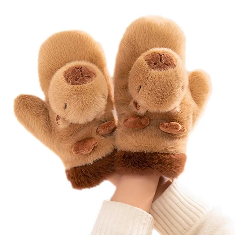 Cute Animal Gloves Capybara Design Snowboard Plush Gloves Thermal Thick Capybara Mittens Windproof Warm Gloves For Cold Weather