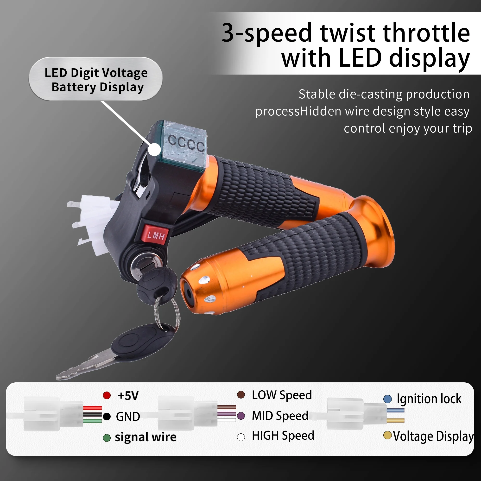 2025 Upgraded 3-Speed Twist Grip with Digital Screen - Bike Throttle Control 12V-96V Use for E-Bike/E-Scooter 3in1 lgnition lock