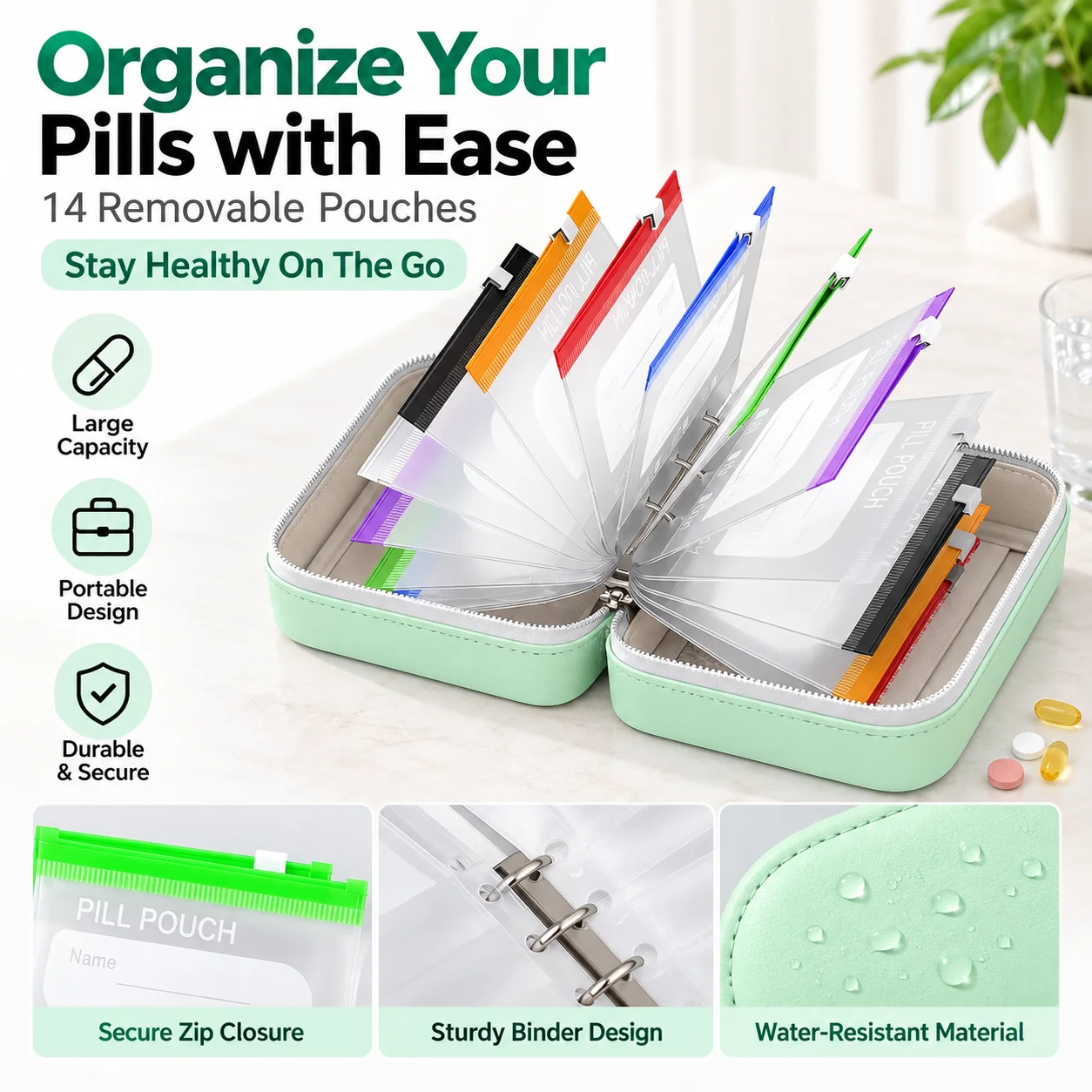 7/14 Pouch Travel Pill Organizer Binder with Color Coded Reusable Bags Portable Medicine Case for Vitamins Supplements