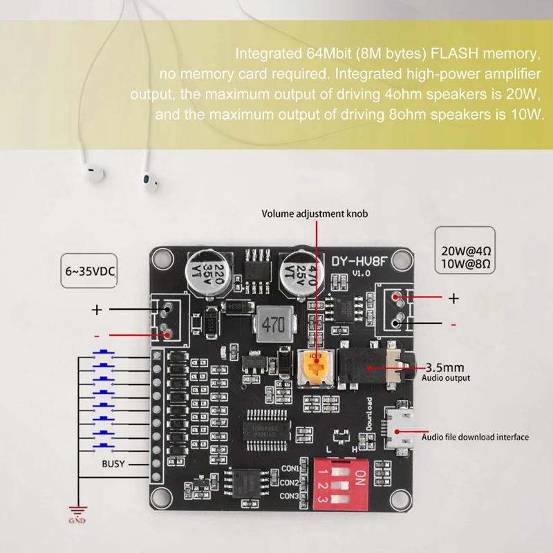 Módulo de reprodução de voz 12V/24V Reprodução de controle de porta serial 10W/20W Módulo de voz HV8F