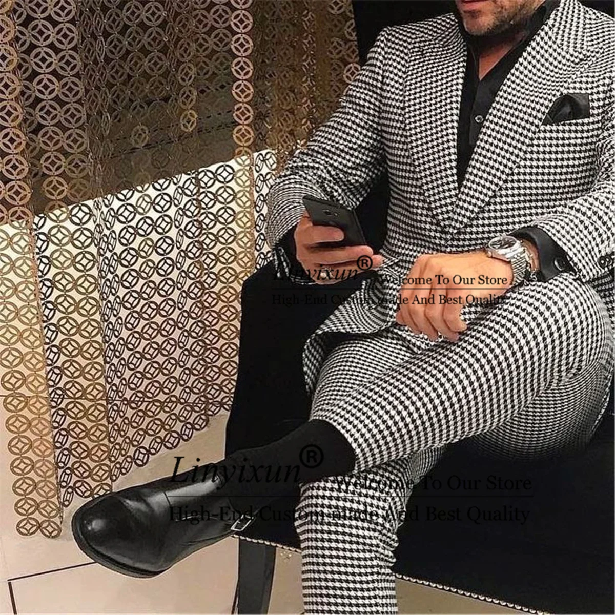 

Houndstooth Mens Suit Casual Business Slim Fit Blazer Male Party Prom Groom Wear Tuxedo 2 Piece Set Terno Masculino Jacket+Pant