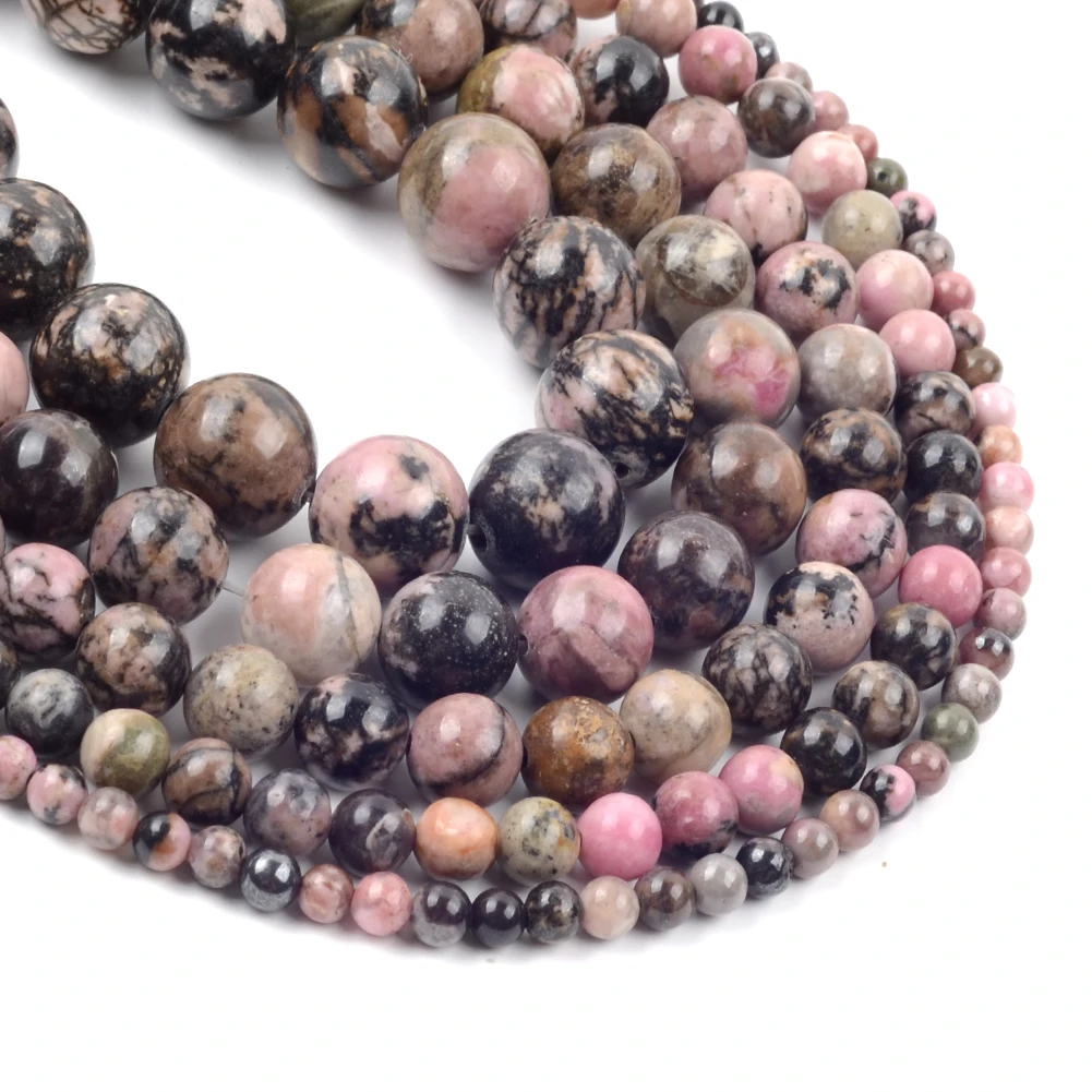 4mm-12mm Natural Black Lace Rhodonite Stone Round Beads for Jewelry Making Diy Bracelets Necklace 15