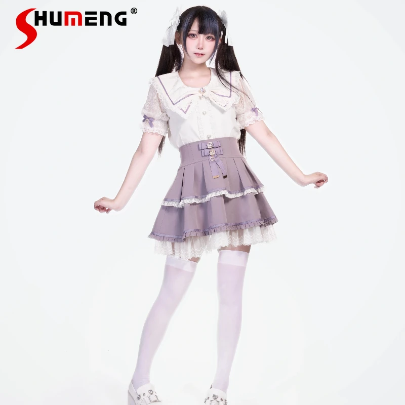

Original Japanese Mine Subculture Mini Skirt New Autumn Girls Sweet Cute Bow Lace Cake Skirt Women's Lolita Short-sleeved Shirt