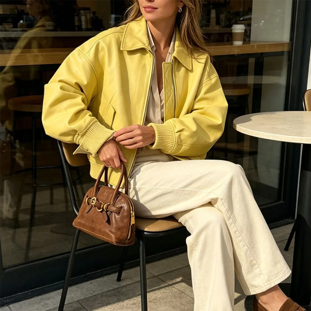 Yellow Loose Casual Flight Jacket Lapel Zipper Design Lantern Sleeve Ribbed Solid Color Jacket Unique Texture Stylish Versatile