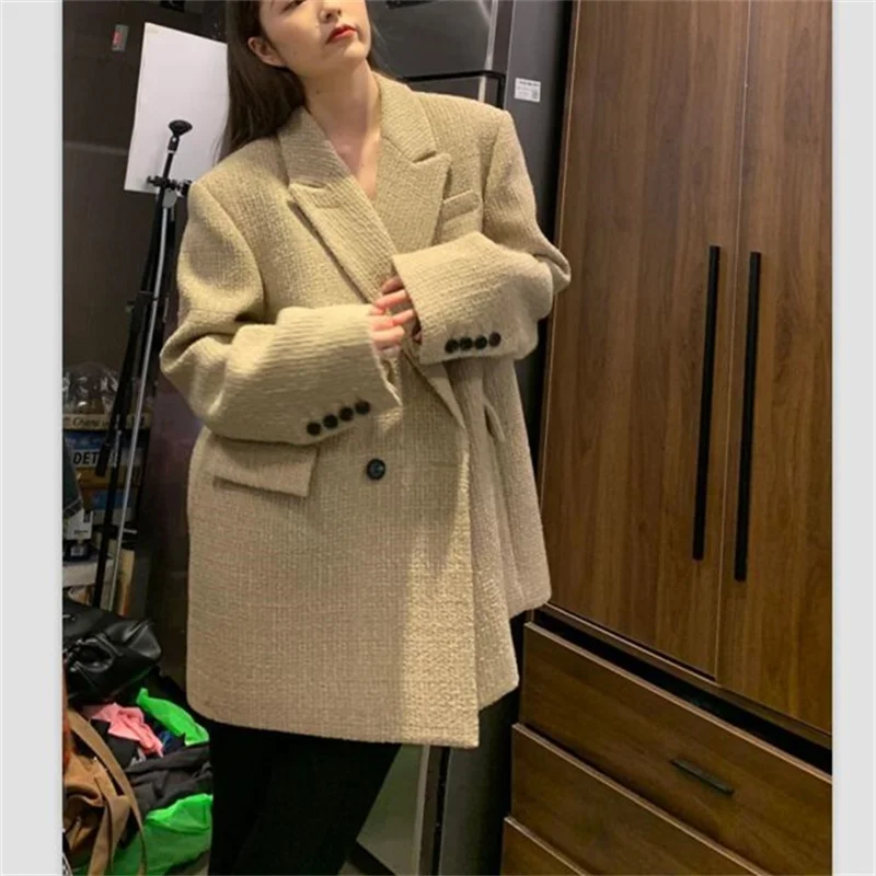 Women Loose Tweed Blazer Woman Tweed Jacket Female Coat Winter Autumn Fashion Classic Office Outfits Women's Suit Outerwears