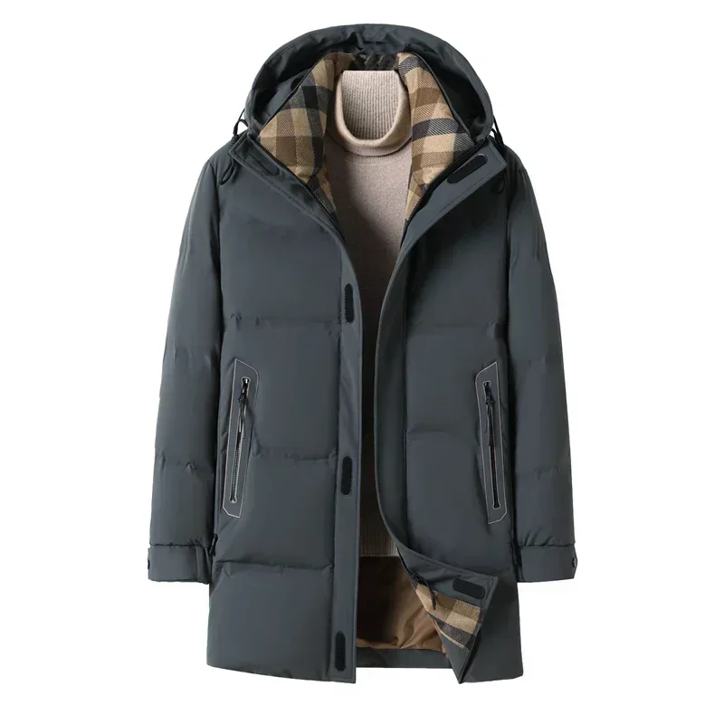 Piumino di media lunghezza abbigliamento uomo 2024 inverno resistente al freddo caldo nero cappotto con cappuccio Top nuovo Jack ispessito Casual