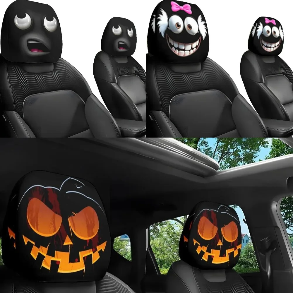 2 Stück Halloween-Auto-Kopfstützenbezug mit schwarzem Totenkopf-Aufdruck und lustigem Ausdruck-Design, dehnbarer Autositzschutz für gruselige Dekoration