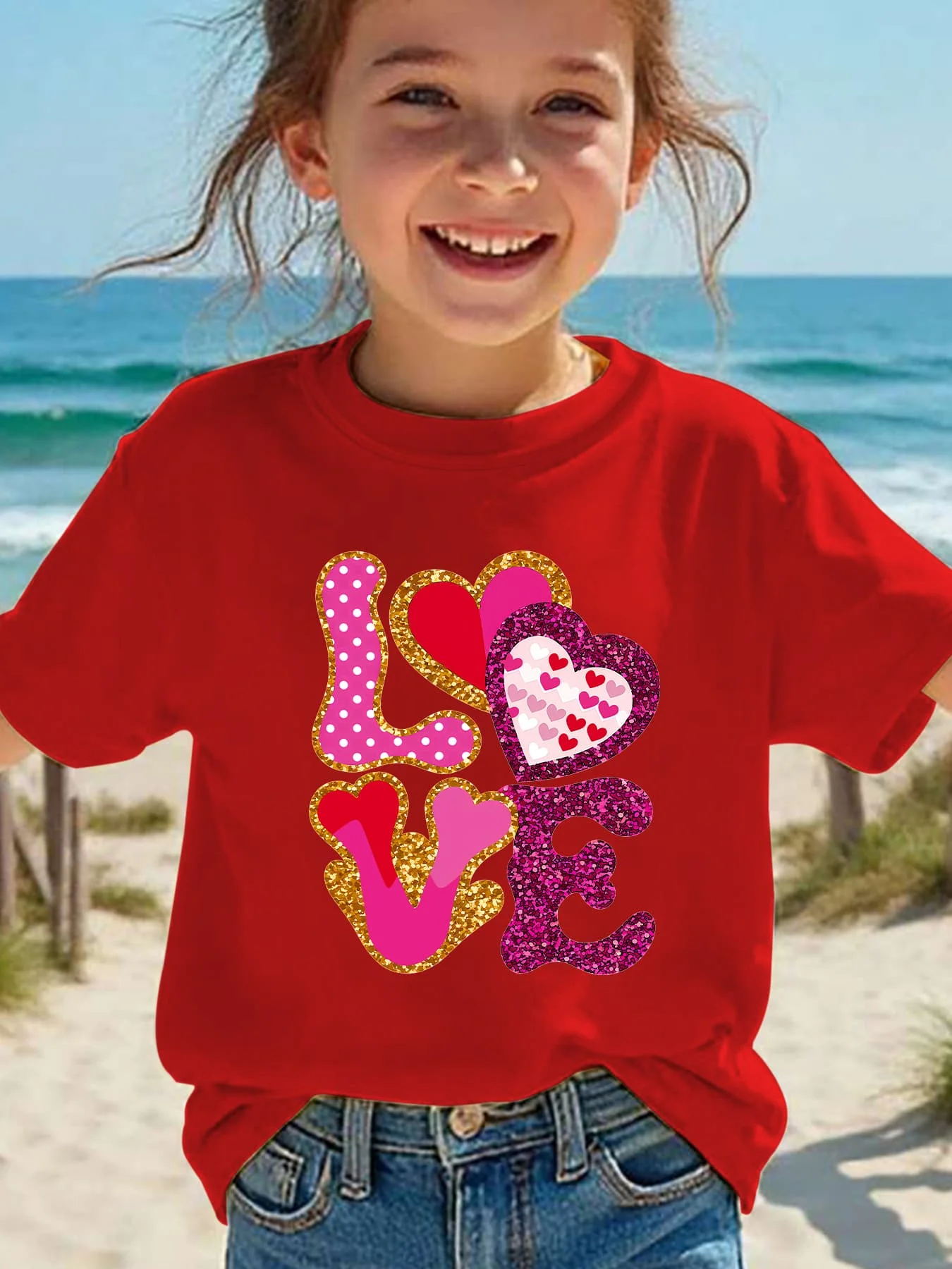 Children's Cute Girl T-Shirt with Multi Color Love and Fun Printed Girl Fashion Round Neck Short Sleeve Top Gift Children's Top