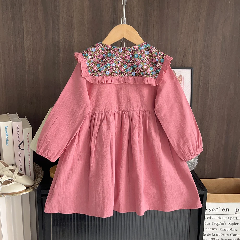 2 3 4 5 6 -year-old Girls' Clothing Wine Red Lapel Floral Long Sleeved Dress Casual Countryside Style Autumn