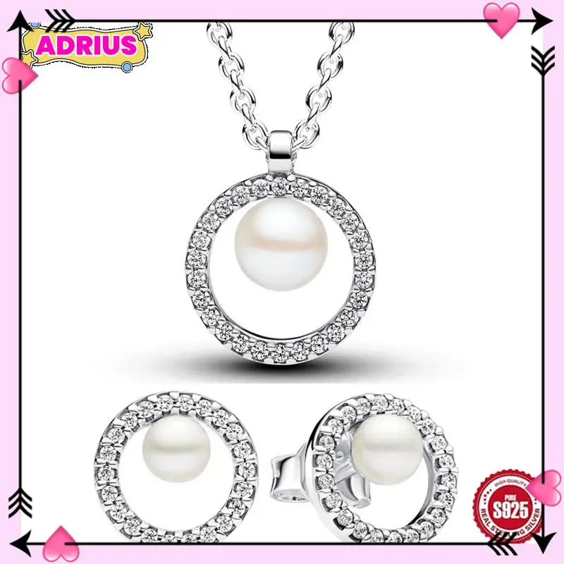 

Authentic 925 Sterling Silver Circular Forever Pearl Earring Necklace With Crystal For Women Original Jewelry Set Gift