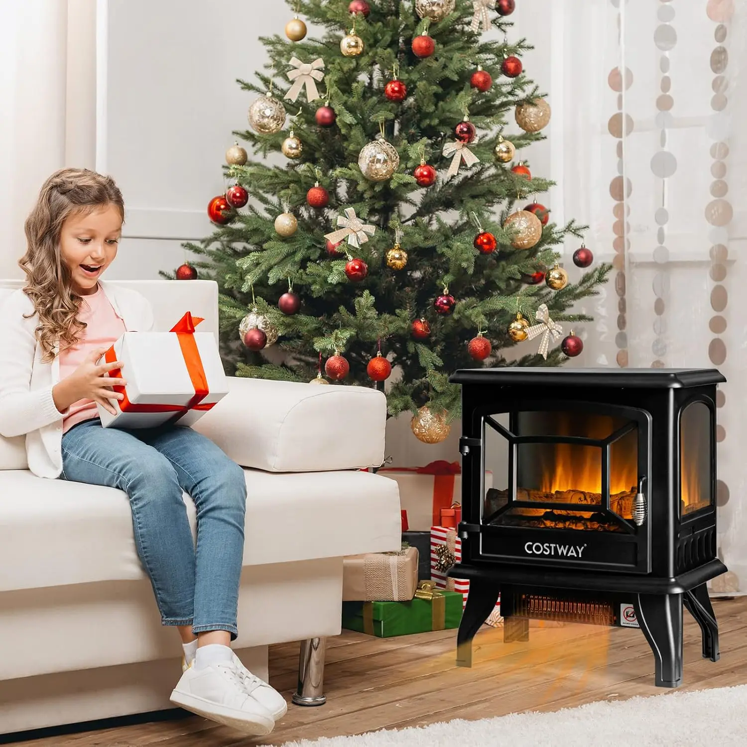 Freestanding fireplace heater with realistic flame and adjustable thermostat overheat protection indoor electric furnace heater