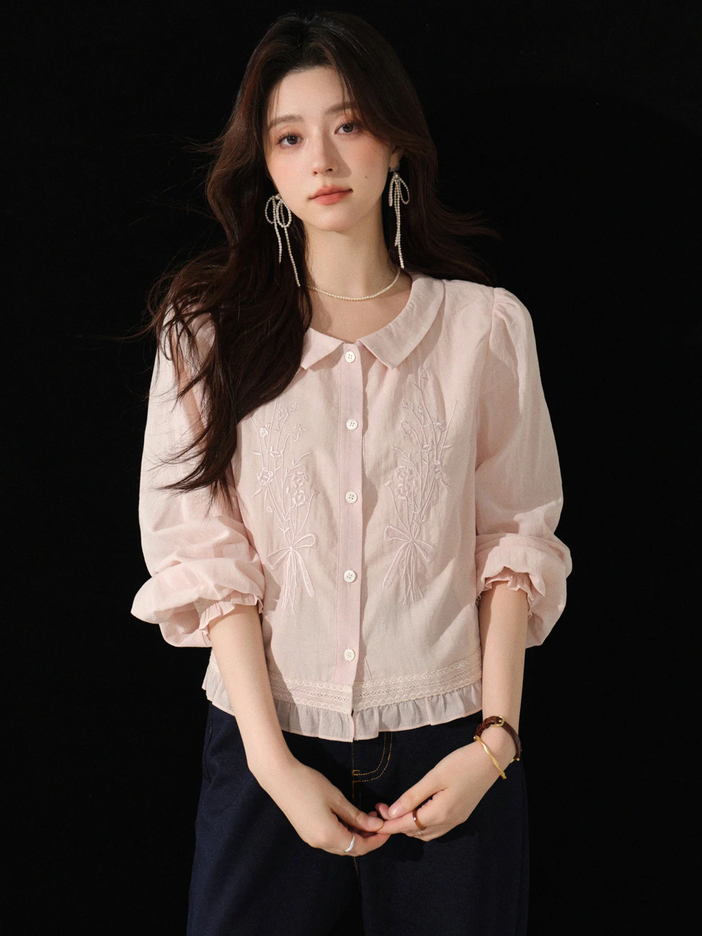 Franse geborduurde blouse voor dames herfst shirt met lange mouwen zoete ruches top elegante button-down casual outfit dagelijks gebruik