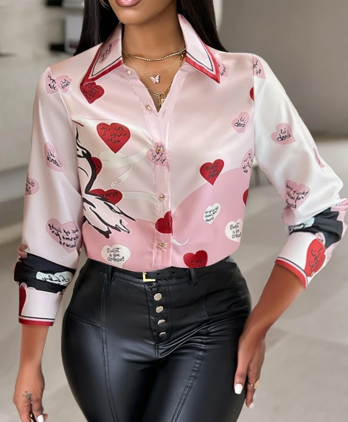 

Lazy Casual Style 2024 Women Blouses Early Spring Summer Turn-Down Collar Long Sleeve Colorblock Heart Letter Print Buttoned Top