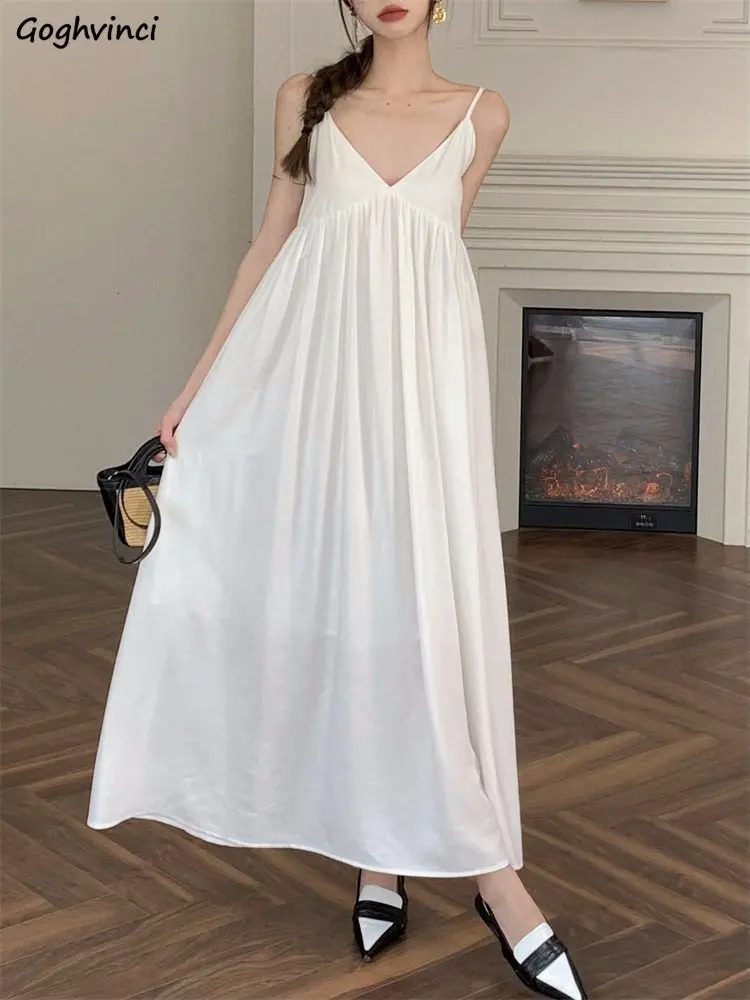 Maxi Dresses Women Summer Loose Simple Temper Hotsweet V-neck Backless Fashion Korean Style Chic Females Casual Basic All-match