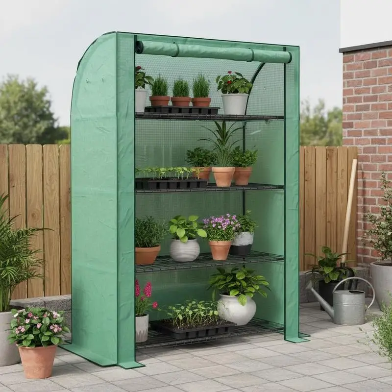 Mini serre de jardin à 4 étages avec bâche en PE renforcée, porte enroulable et étagères 120 x 50 x 170 cm, verte