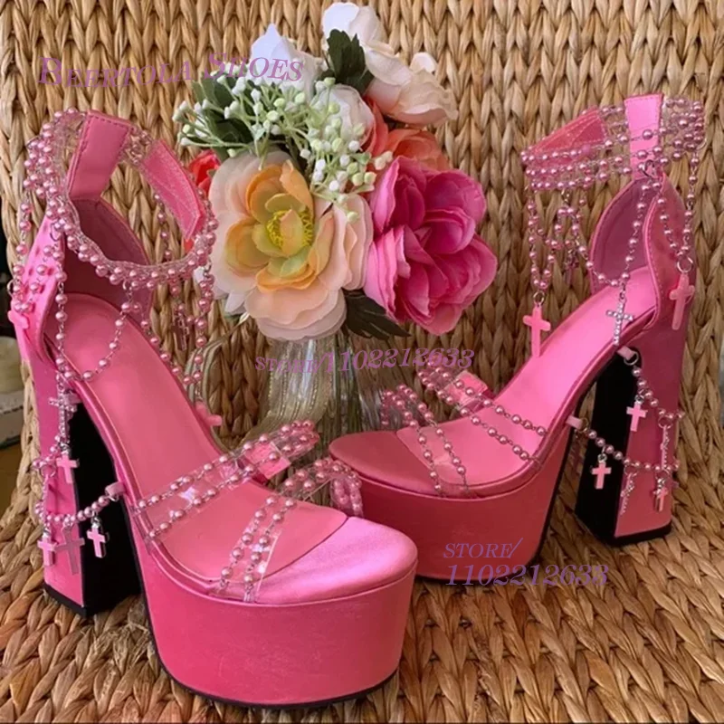 Fuchsia Hot Chick Fringe Sandals Open Platform Women Pump Crystal Beads Weave Girl Pink Party Sexy Tassel-Tie Buckle Summer Shoe