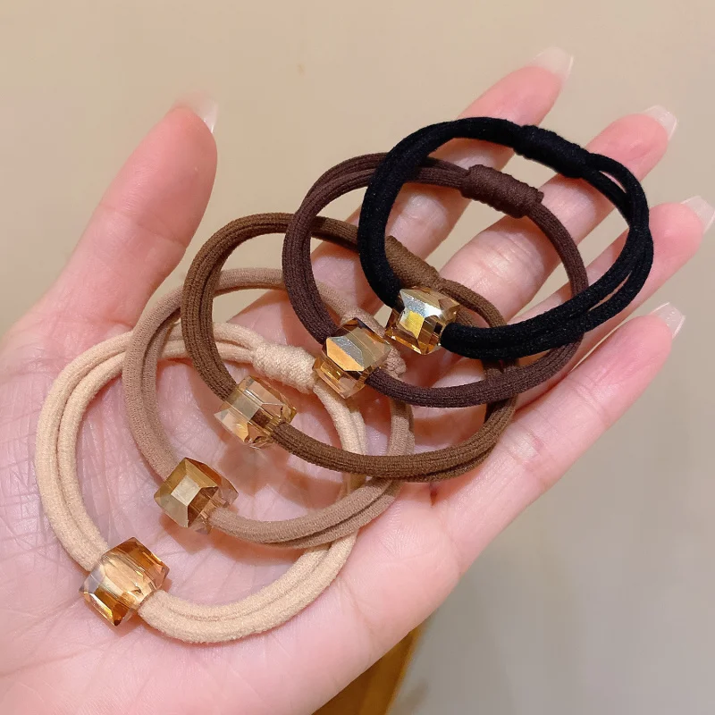 

Korean Style Crystal Hair Tie Simple Milk Coffee Color Elastic Hair Band for Women Elegant Versatile High Ponytail Hair Rope Hai