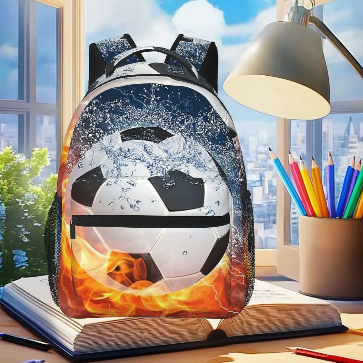Flame Soccer Ball A Water Splash Football Backpack Student Boys Girls BookBag Kids School Bag Computer Shoulder Bags for Unisex