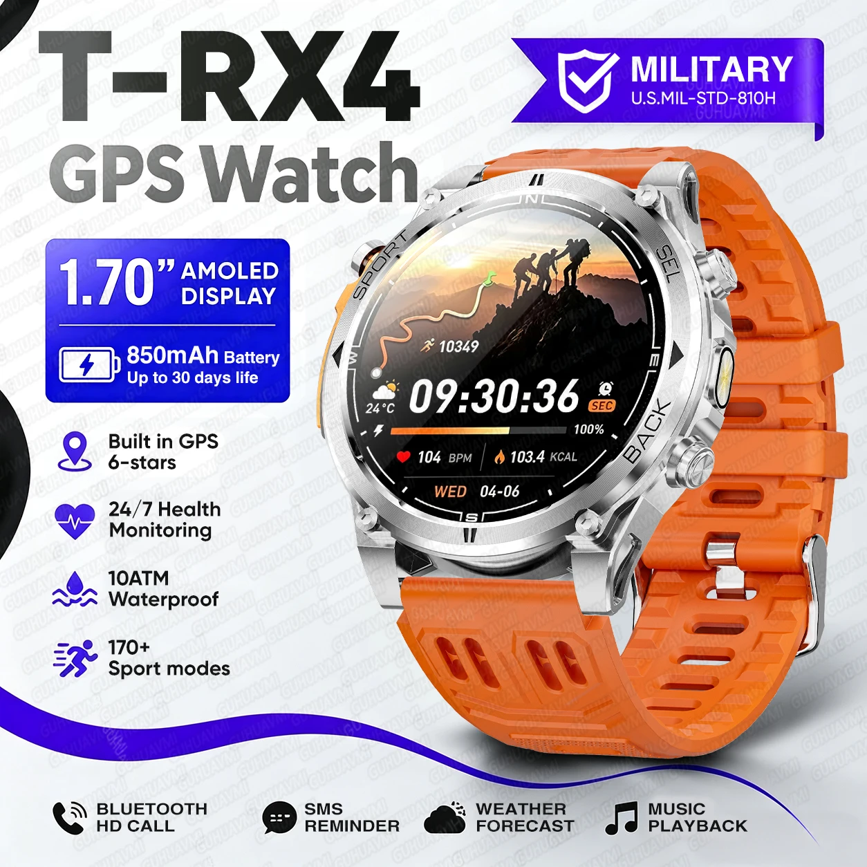 2026New Military T-RX4 Built in GPS Outdoor Smart Watch 10ATM Waterproof Compass 850mAh Battery 1.7”AMOLED Sports Fitness Clock image 3