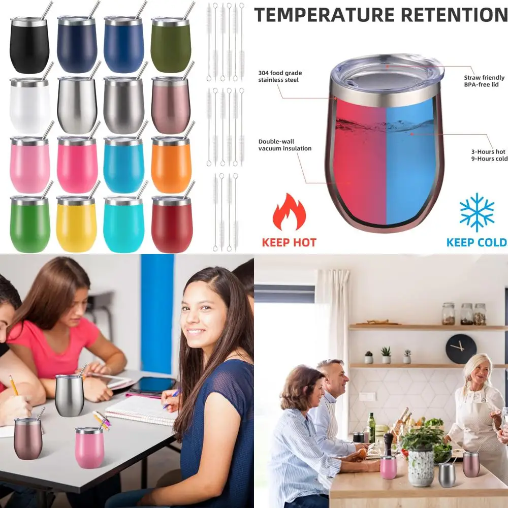 

16-Piece Stainless Steel Insulated Stemless Wine Tumblers with Lids and Straws