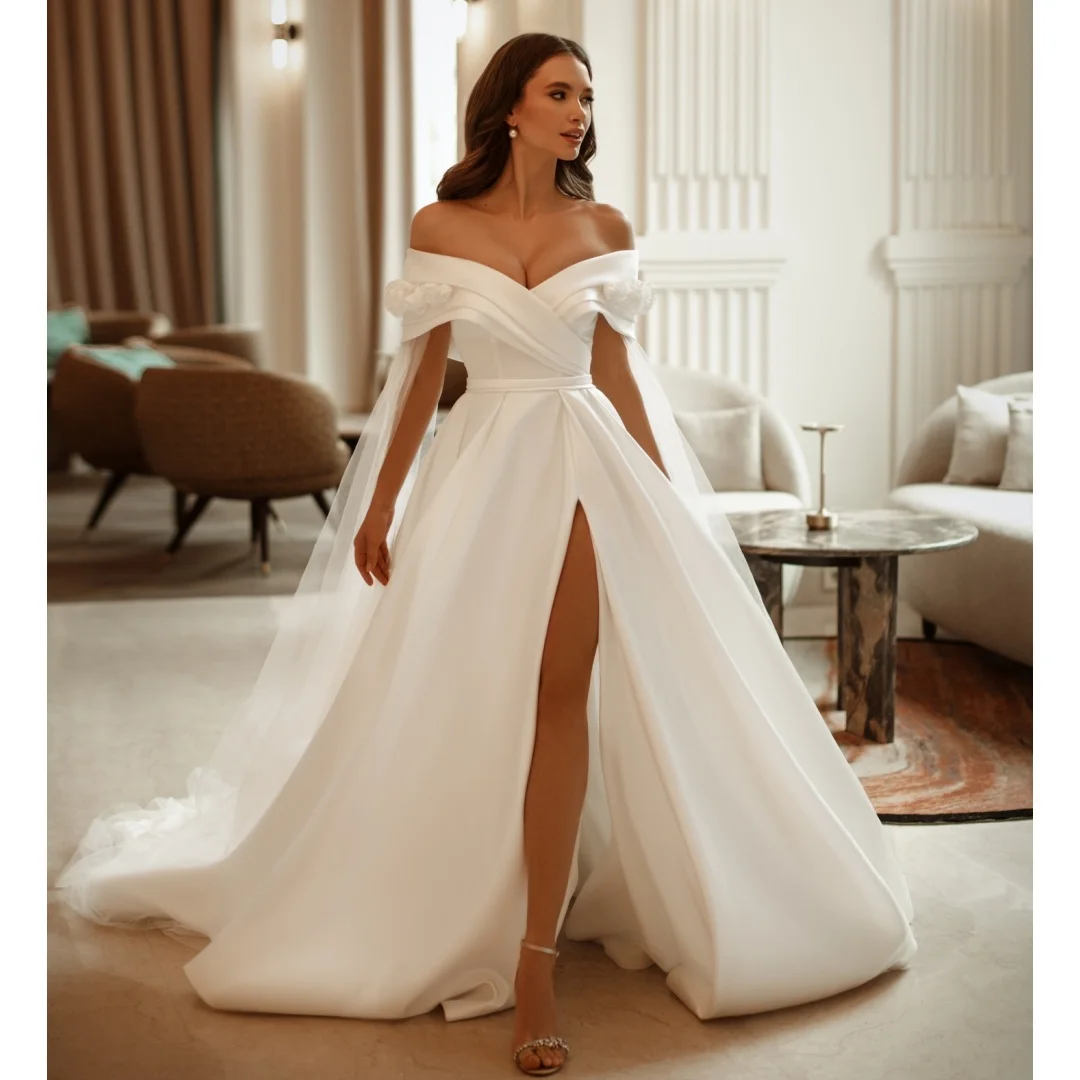 

Off the Shoulder Wedding Dresses Satin Pleat Bridal Gown Side Slit Plus Size robe de mariée Customized