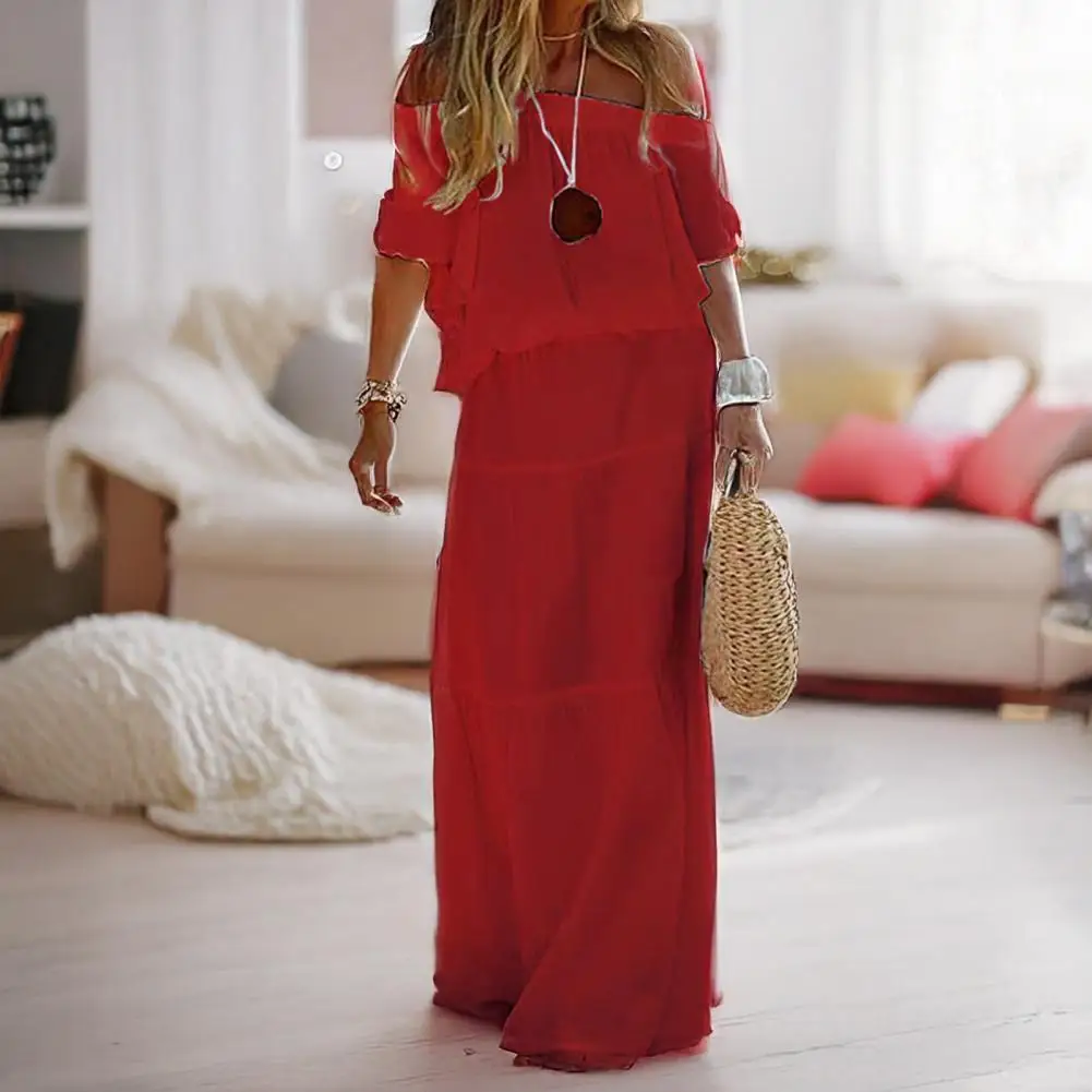 Vestido feminino casual um ombro cintura elástica manga curta vestido longo versátil de um ombro festa elegante maxi vestido 2025