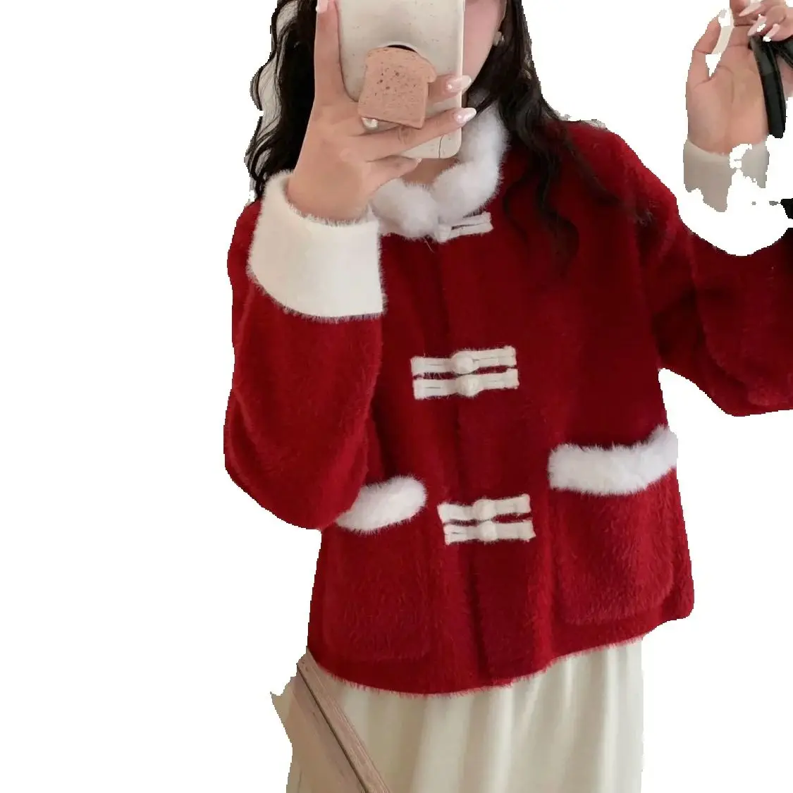 اليابان الأحمر القطيفة تقسم ​ ​ سترة المنك الجديدة النمط الصيني المرأة عيد الميلاد ورأس السنة الجديدة ارتداء سترة محبوكة