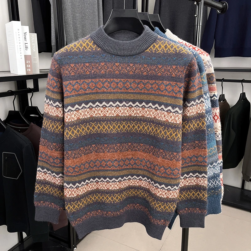Gran oferta, novedad de invierno, Jersey grueso de cuello semialto para hombre, prendas de punto de alta calidad con bloques de Color Jacquard, ropa cálida de oficina para hombre