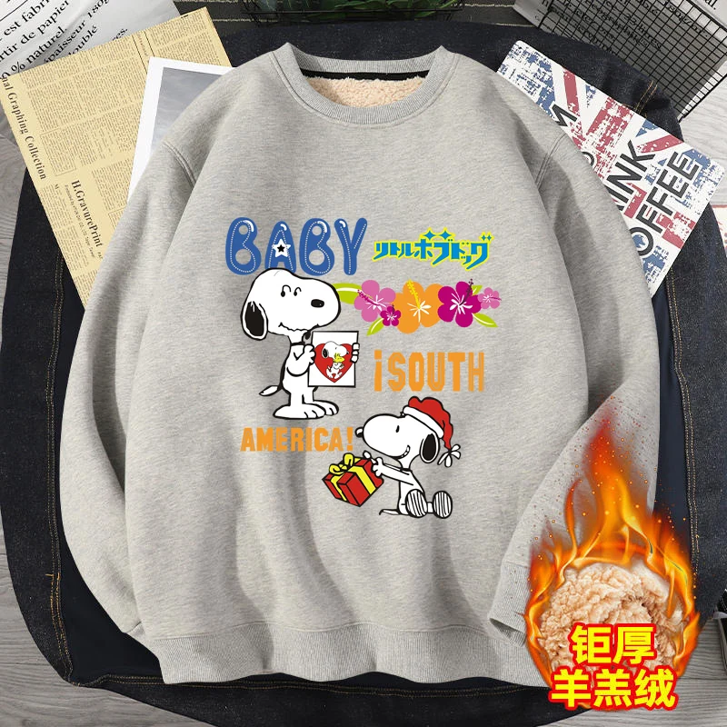 Snoopy Women Fleece Sweatshirt Winter Crew Neck Pullover Ladies Cartoon Thicken Sweatshirt Cute Female Loose Sport  Streetwear