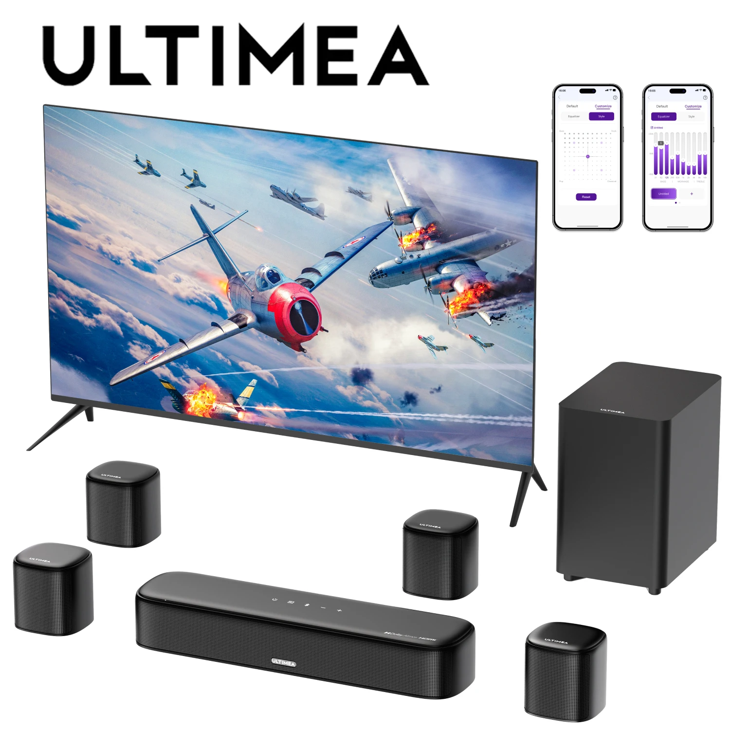 ULTIMEA 7.1-kanaals soundbar met Dolby Atmos, surround sound-systeem voor tv met 4 surround-luidsprekers, app-bediening, opt/AUX/BT