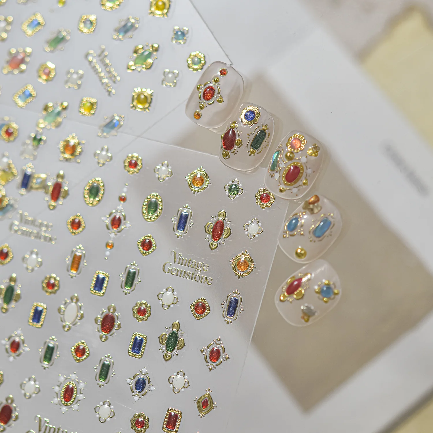 European Court 5D Nail Stickers Vintage Colorful Gem Golden Imitation Gemstone Oval Teardrop Square Shape Self Adhesive Decals