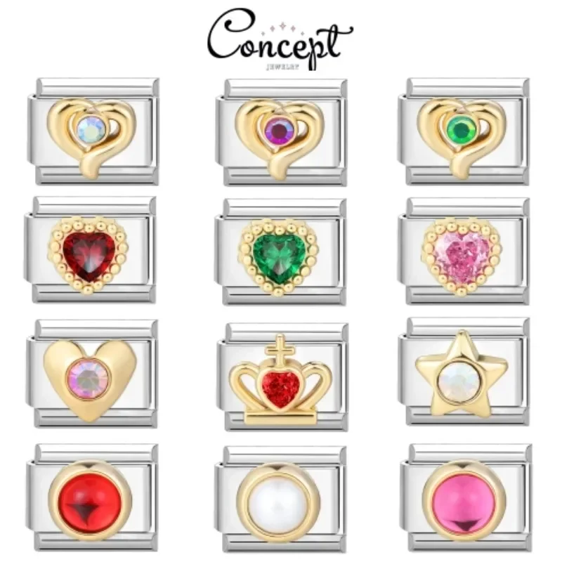 

2025 New Love Crown Water Diamond Charms Italian Links Fit 9mm Stainless Steel Elastic Modular Bracelet Women Jewelry