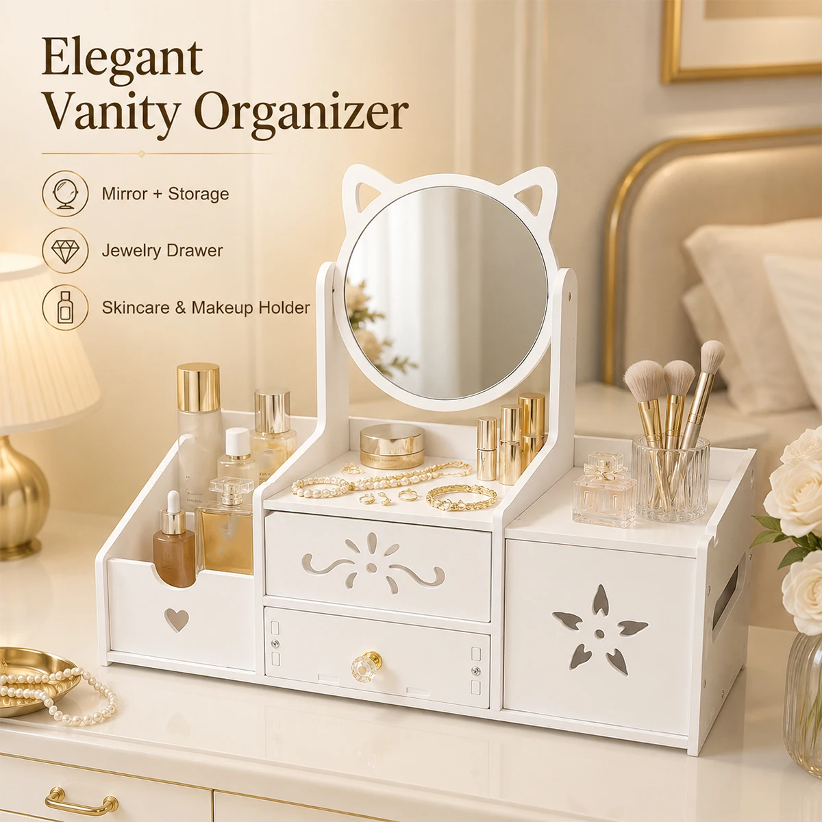 

Cat Ear Vanity Makeup Organizer with Mirror, White Cosmetic Storage Box with Drawers for Skincare Jewelry & Beauty Supplies