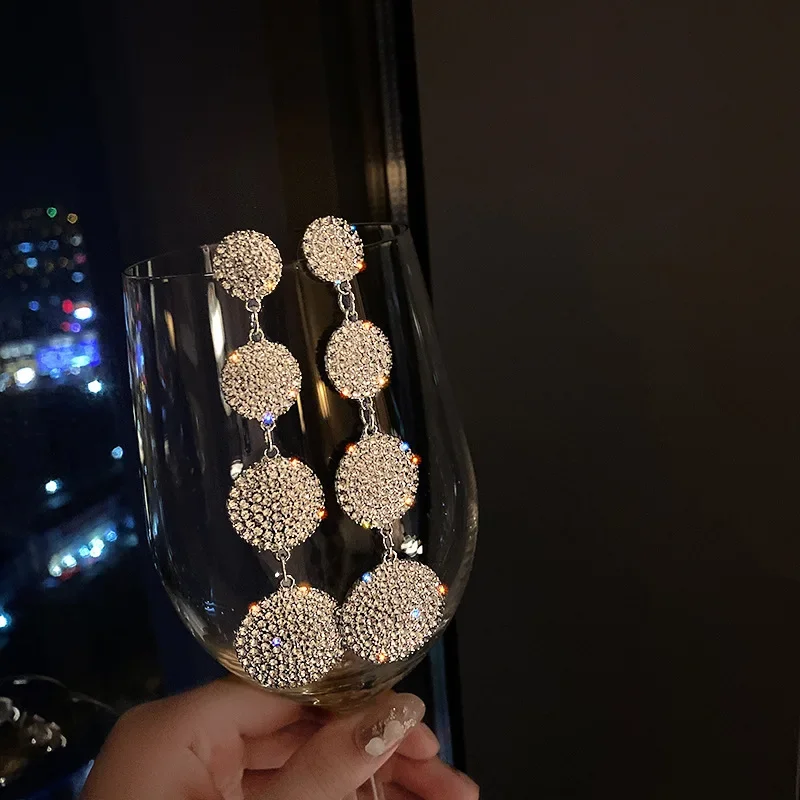 925 Silver needles geometric circle long earrings