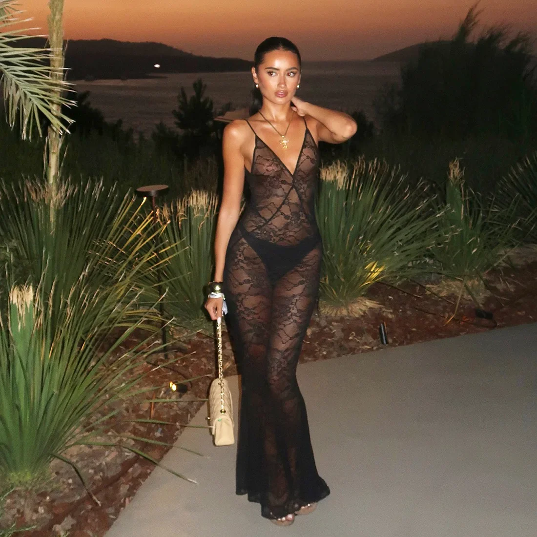Black Lace See Through Dress for Women Sexy Sheer Backless Slim Maxi Beach Dresses Spaghetti Strap Night Club Party Dress 2025