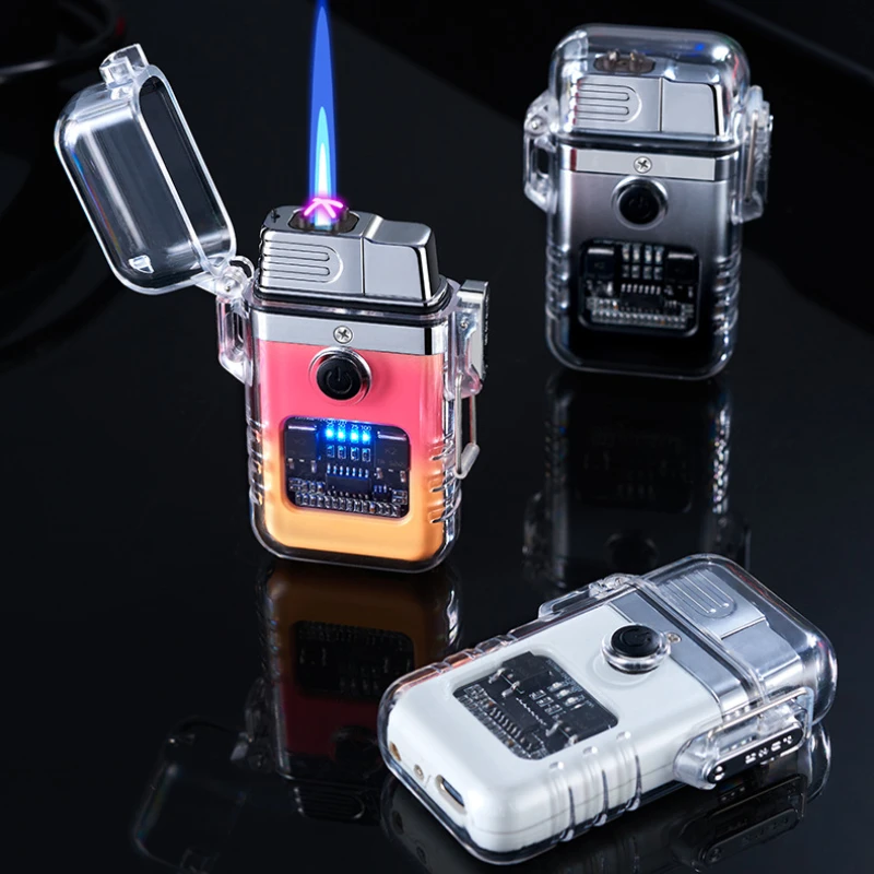 Transparent Shell Waterproof Dual Fire Butane Gas Electronic Lighter Outdoor Windproof Dual Arc and Jet Fire Lighter USB Lighter