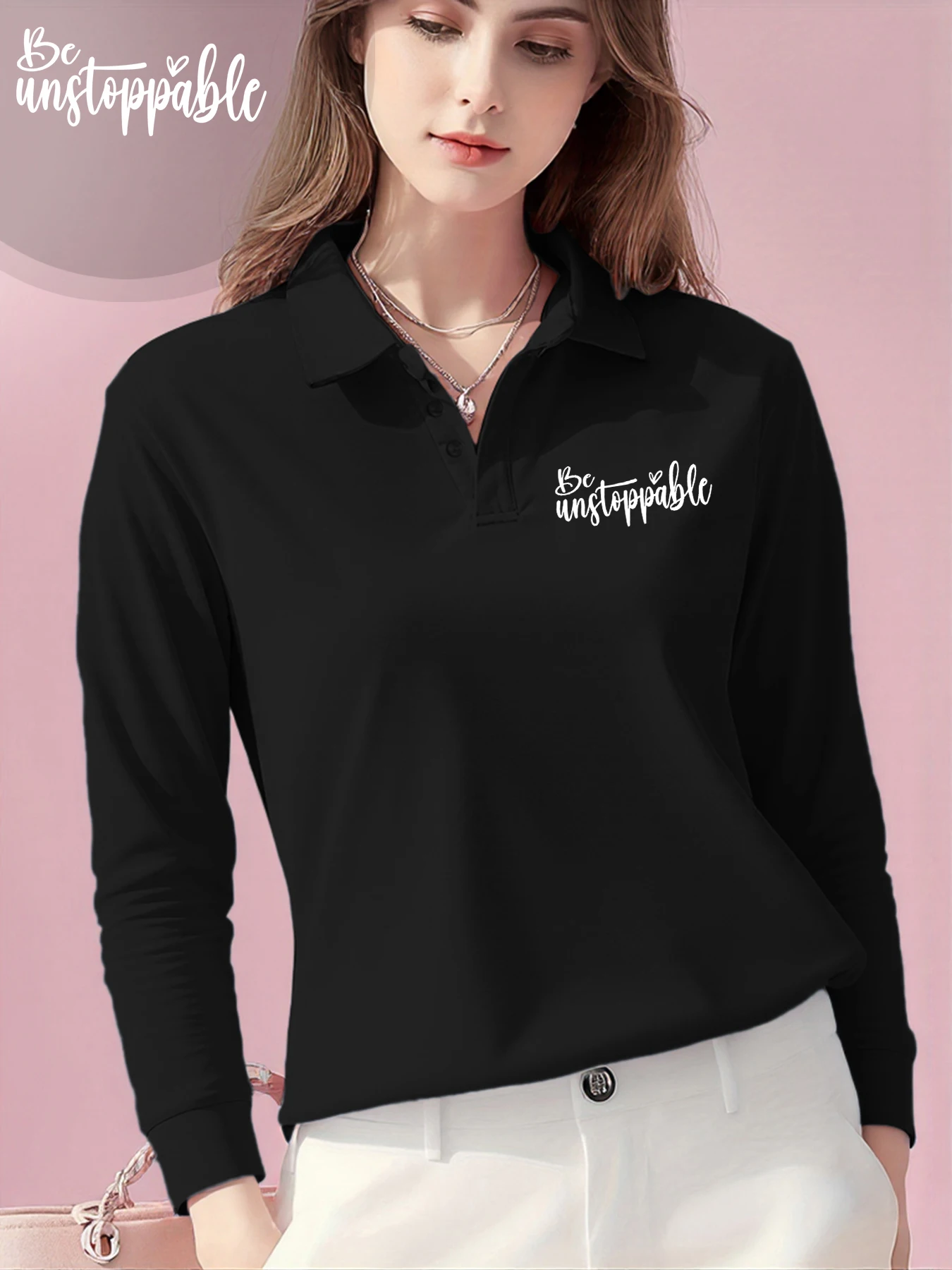 Be Unstoppable مطبوعة المرأة الجديدة قميص بولو بدوره إلى أسفل طوق عادية تي شيرت ثقافة الخريف الشارع الشهير موضة مريح كم طويل