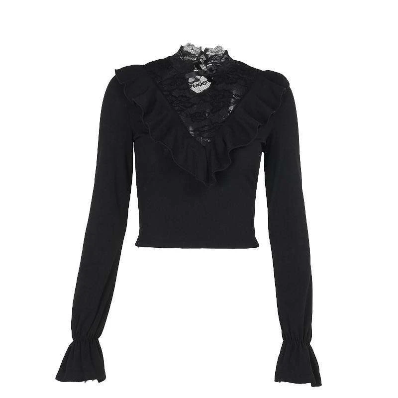 Y2k الظلام القوطية خمر الدانتيل المرقعة Hotsweet كم طويل تي شيرت 2000s Harajuku سليم أنيق مثير مضيئة كم تيز الخريف