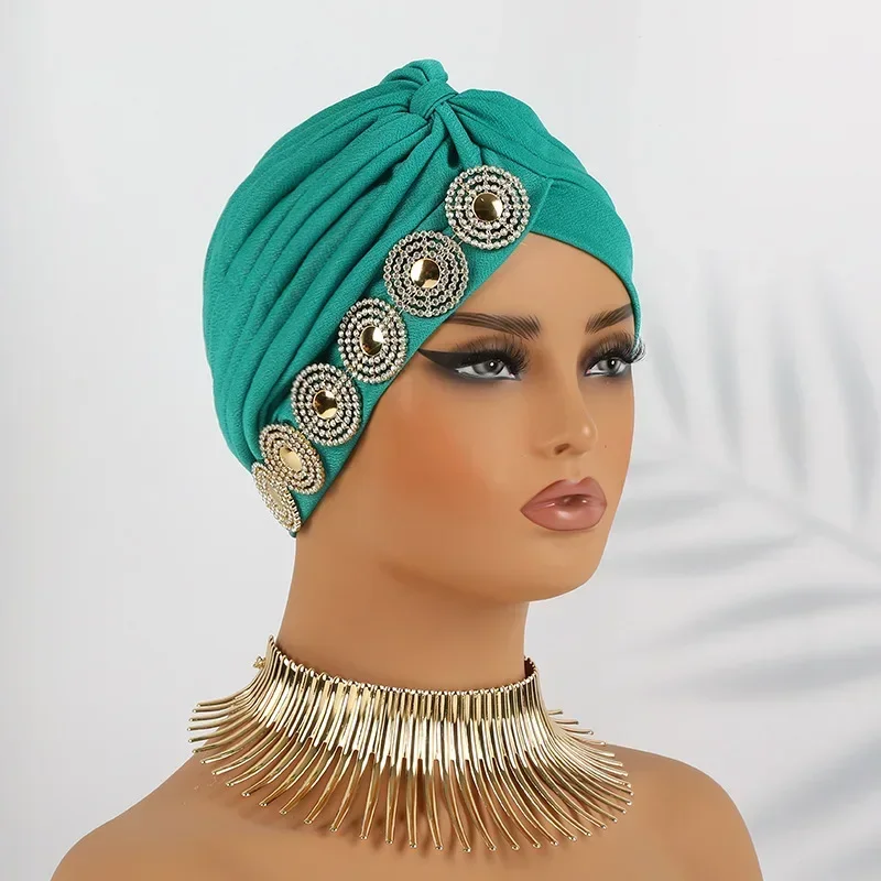 

Indian Women Chemo Cap Muslim Diamonds Hijab Pleated Turban Wrap Headscarf Beanies Hair Loss Bonnet Hat Femme Turbante Mujer New