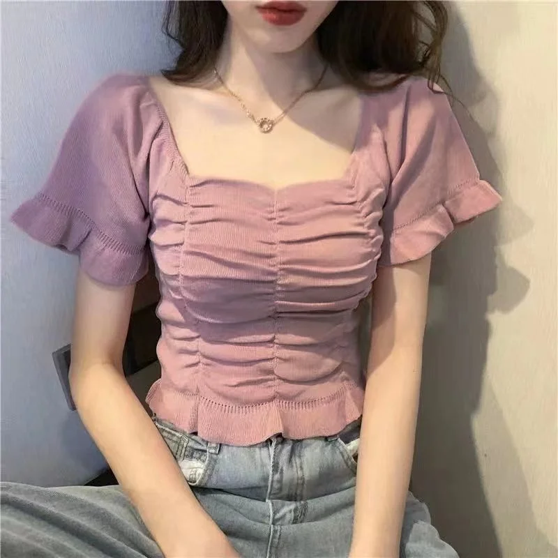 Top corto con cuello cuadrado para mujer, Camiseta de punto dulce elegante con volantes, blusa ajustada de manga corta Multicolor que combina con